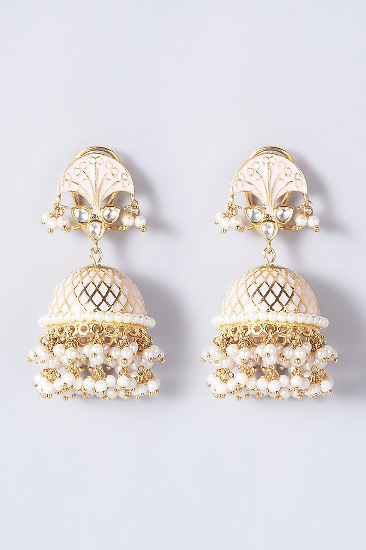 Gold Finish Pearl Enameled Jhumka Earrings by Anjali Jain Jewellery at Pernia's Pop Up Shop