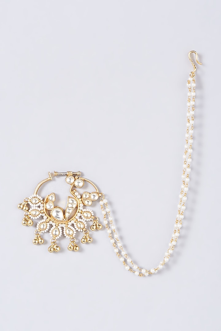 Gold Finish Pearl Nose Ring by Anjali Jain Jewellery at Pernia's Pop Up Shop