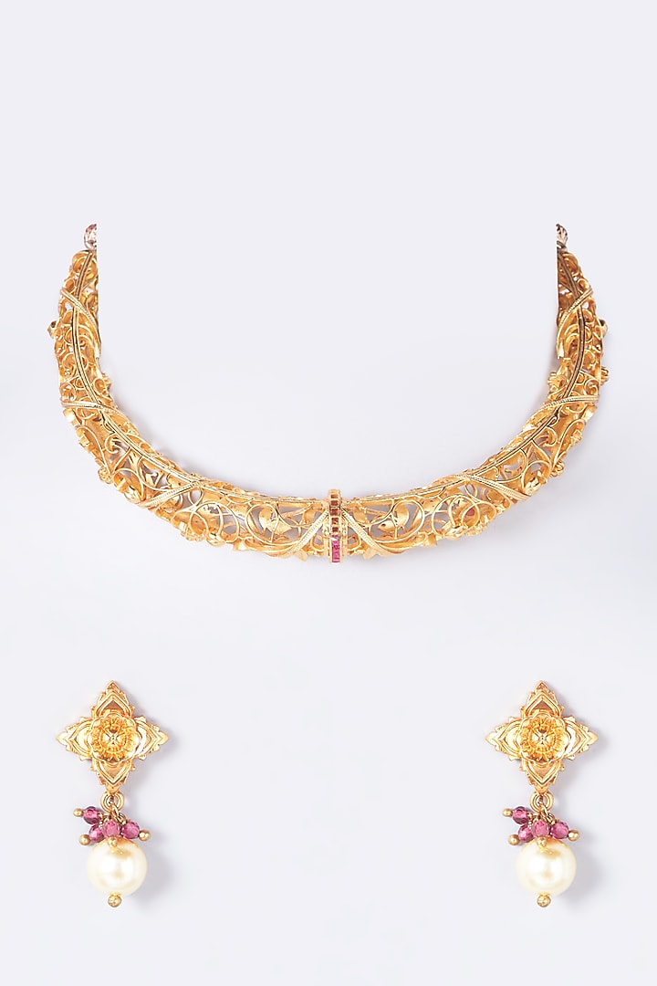 Gold Finish Filigree Choker Necklace Set by Anjali Jain Jewellery at Pernia's Pop Up Shop