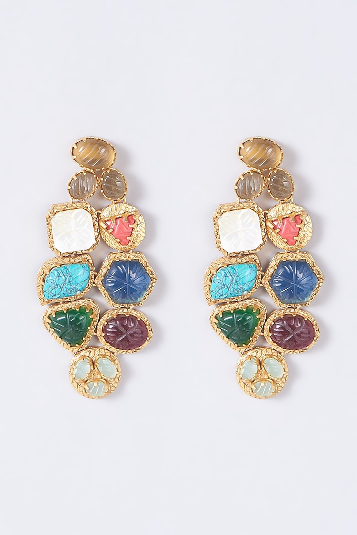 Gold Finish Navratna Dangler Earrings by Anjali Jain Jewellery at Pernia's Pop Up Shop