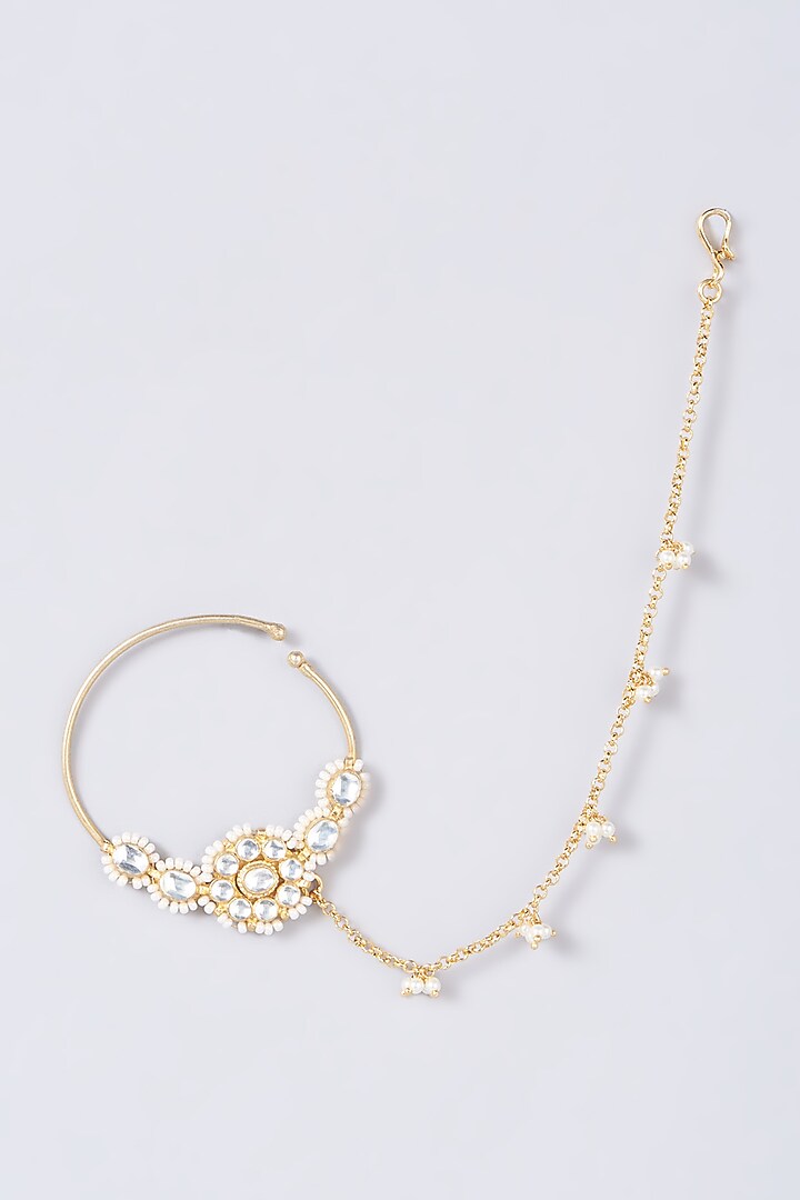 Gold Finish Nose Ring With Pearl Side Chains by Anjali Jain Jewellery at Pernia's Pop Up Shop