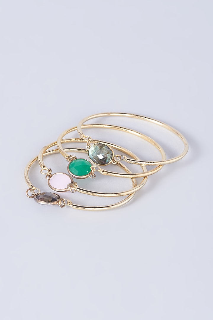 Gold Finish Pearl & Semi Precious Stones Bangles (Set of 6) by Anjali Jain Jewellery at Pernia's Pop Up Shop