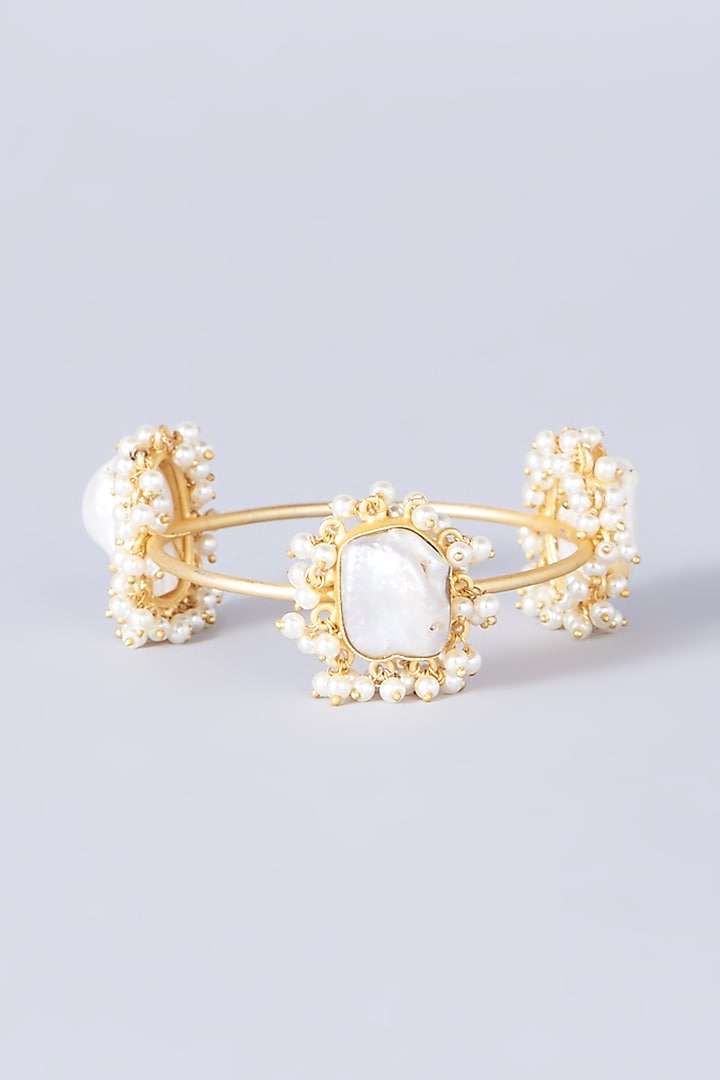 Gold Finish Pearl Bangle by Anjali Jain Jewellery at Pernia's Pop Up Shop