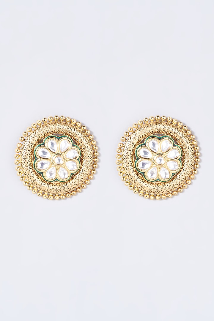 Gold Finish Kundan Polki Stud Earrings by Anjali Jain Jewellery at Pernia's Pop Up Shop