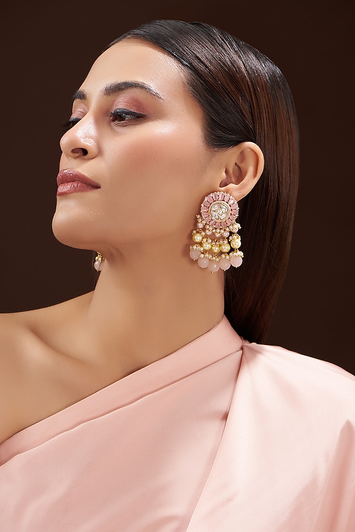 Gold Finish Kundan Polki & Pink Stone Chandbali Earrings by Anjali Jain Jewellery