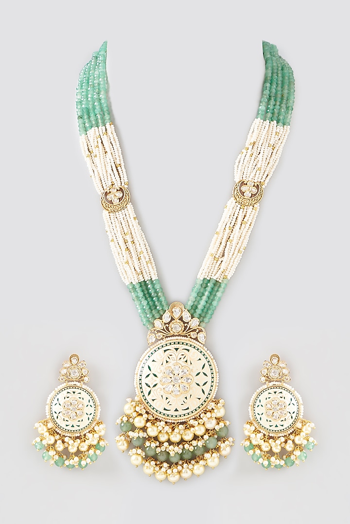 Gold Finish Kundan Polki & Green Stone Enamelled Long Necklace by Anjali Jain Jewellery at Pernia's Pop Up Shop