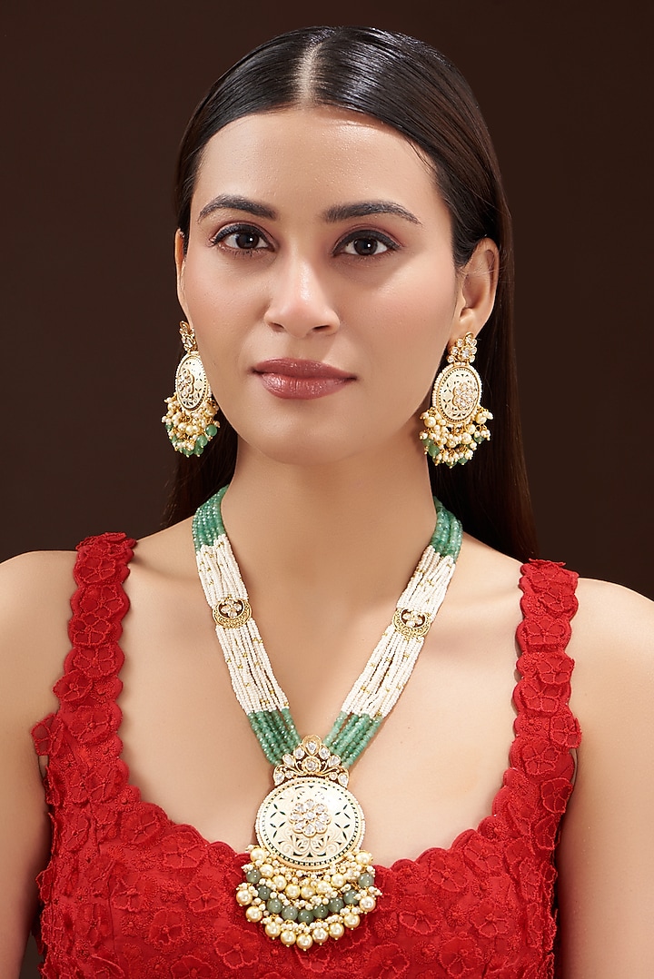 Gold Finish Kundan Polki & Green Stone Enamelled Long Necklace by Anjali Jain Jewellery at Pernia's Pop Up Shop