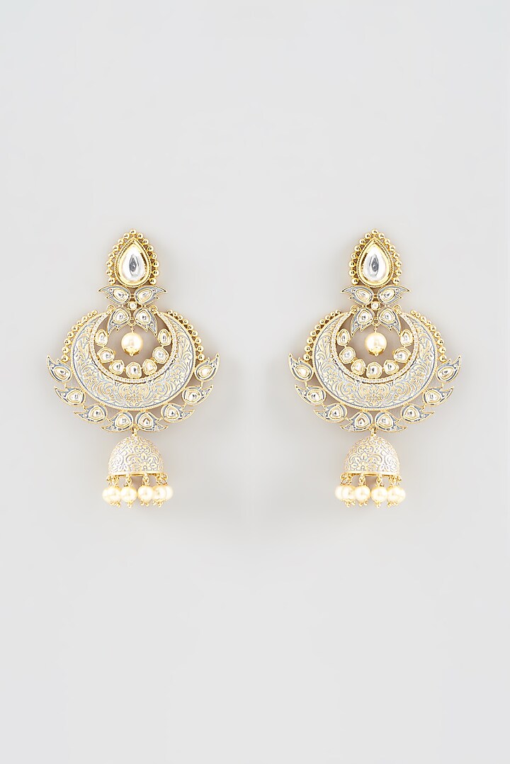 Gold Finish Kundan Polki & Pearl Chandbali Earrings by Anjali Jain Jewellery at Pernia's Pop Up Shop
