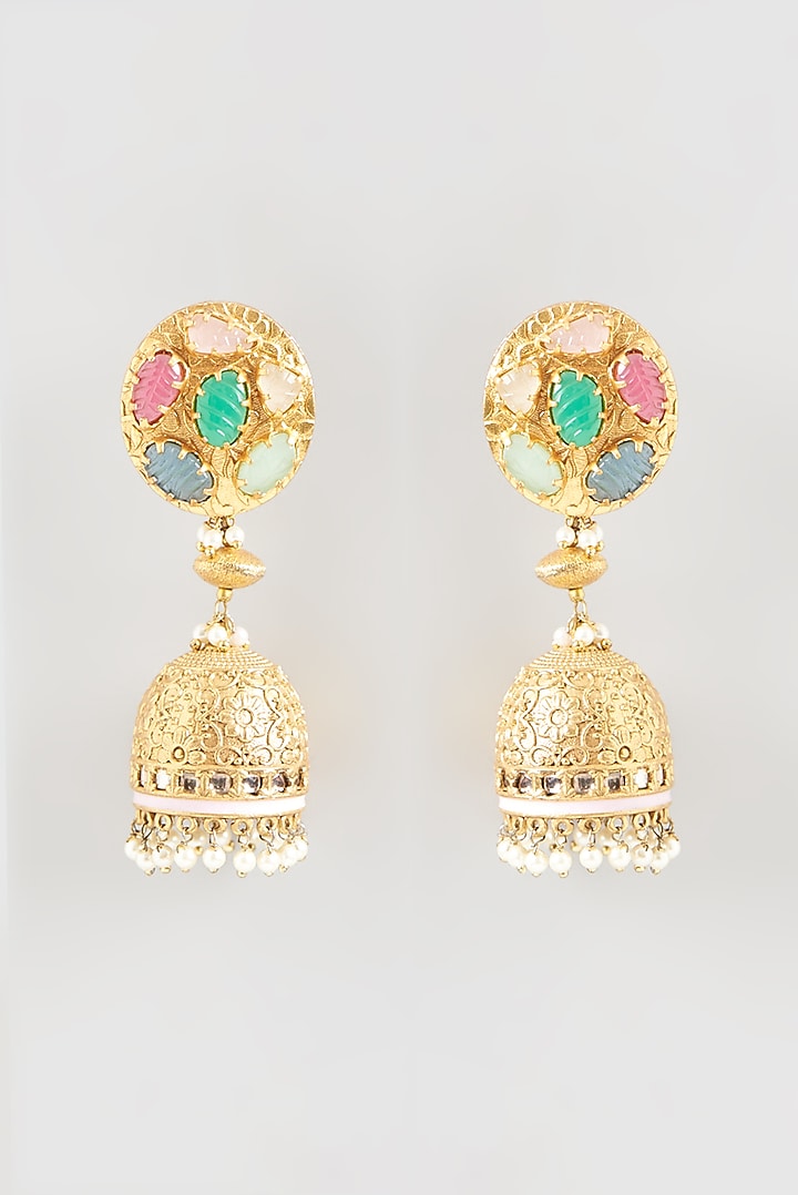 Gold Finish Navratna Stone Dangler Earrings by Anjali Jain Jewellery at Pernia's Pop Up Shop