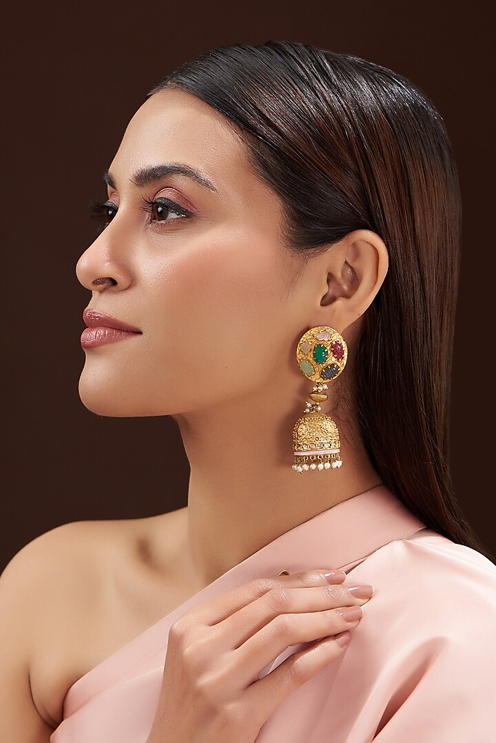 Gold Finish Navratna Stone Dangler Earrings by Anjali Jain Jewellery