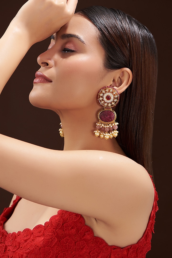 Gold Finish Kundan Polki & Pink Onyx Stone Dangler Earrings by Anjali Jain Jewellery at Pernia's Pop Up Shop