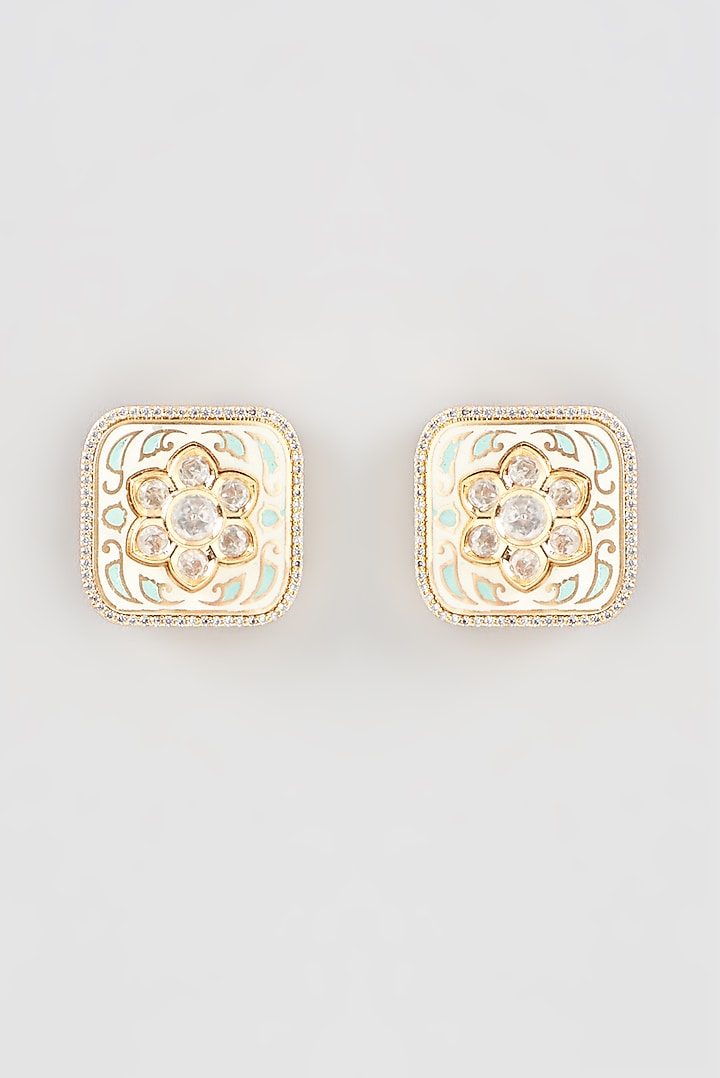 Gold Finish Kundan Polki Enamelled Stud Earrings by Anjali Jain Jewellery at Pernia's Pop Up Shop