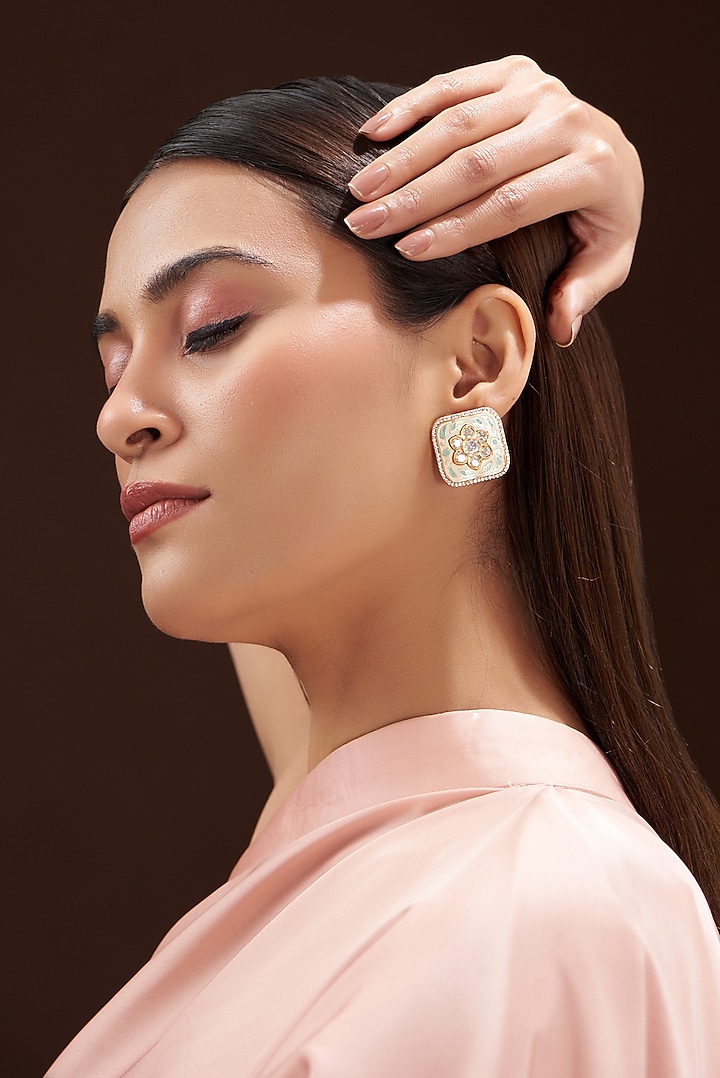 Gold Finish Kundan Polki Enamelled Stud Earrings by Anjali Jain Jewellery at Pernia's Pop Up Shop