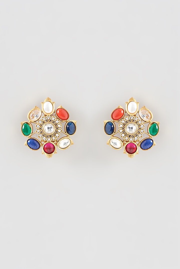 Gold Finish Navratna Stone Stud Earrings by Anjali Jain Jewellery at Pernia's Pop Up Shop