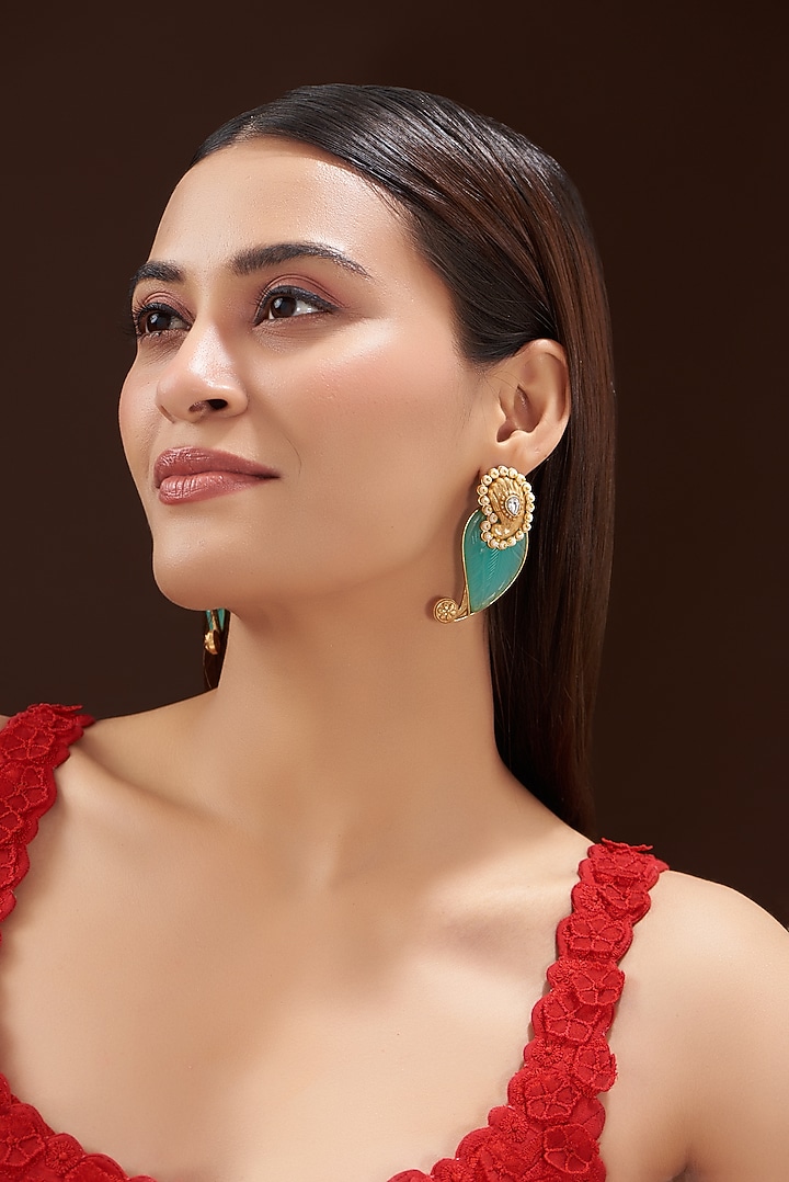 Gold Finish Kundan Polki Carved Green Stone Dangler Earrings by Anjali Jain Jewellery at Pernia's Pop Up Shop
