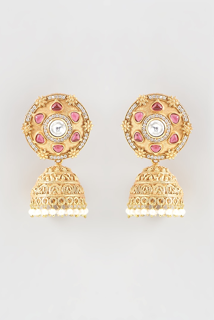 Gold Finish Kundan Polki & Ruby Stone Jhumka Earrings by Anjali Jain Jewellery at Pernia's Pop Up Shop