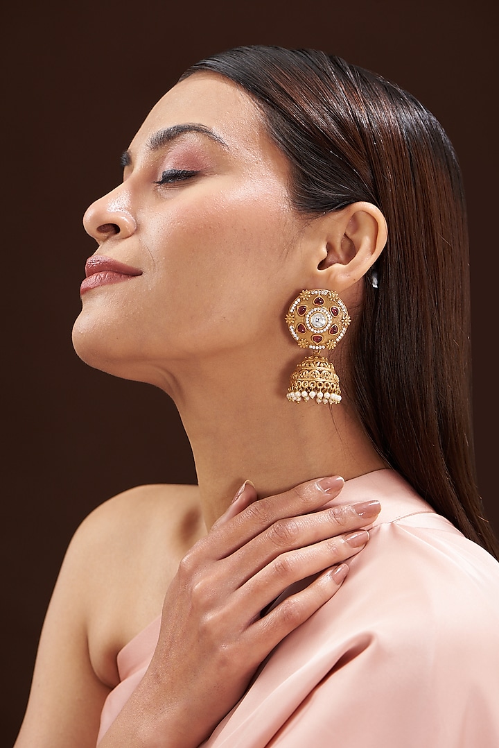 Gold Finish Kundan Polki & Ruby Stone Jhumka Earrings by Anjali Jain Jewellery