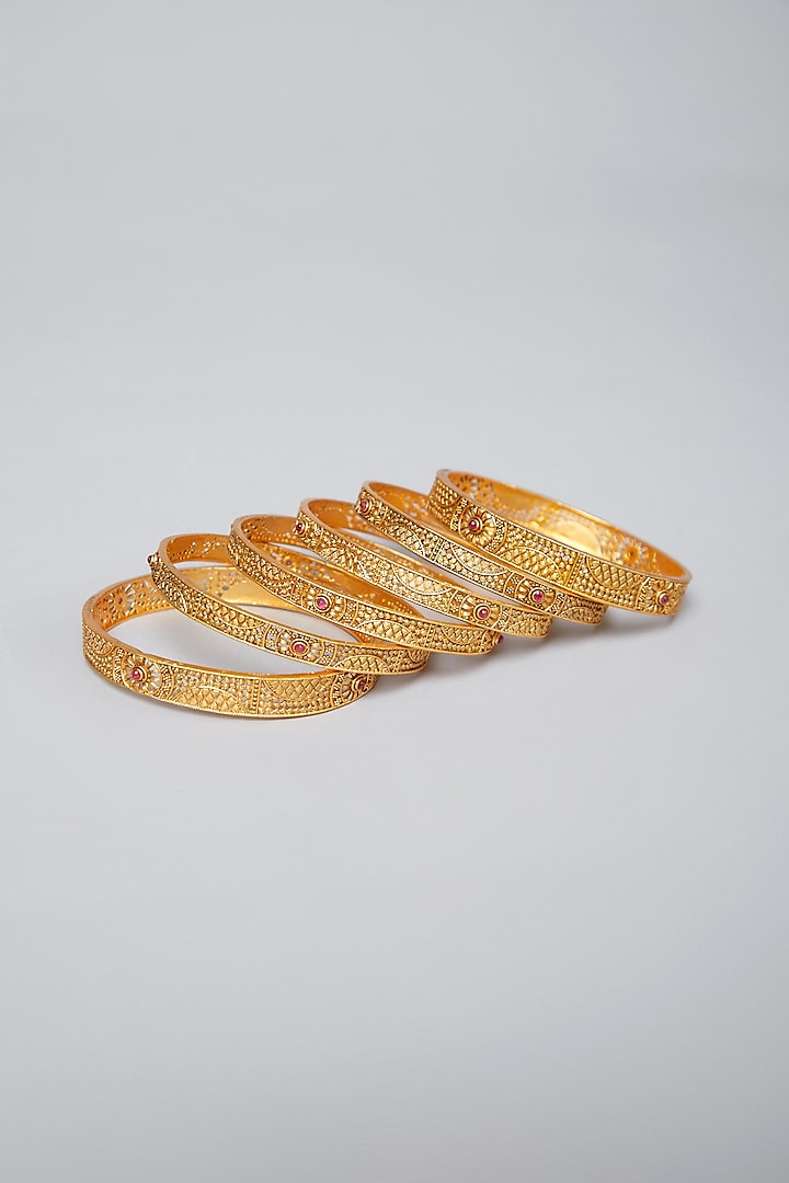 Gold Plated Carved Bangles (Set of 6) by Anjali Jain Jewellery
