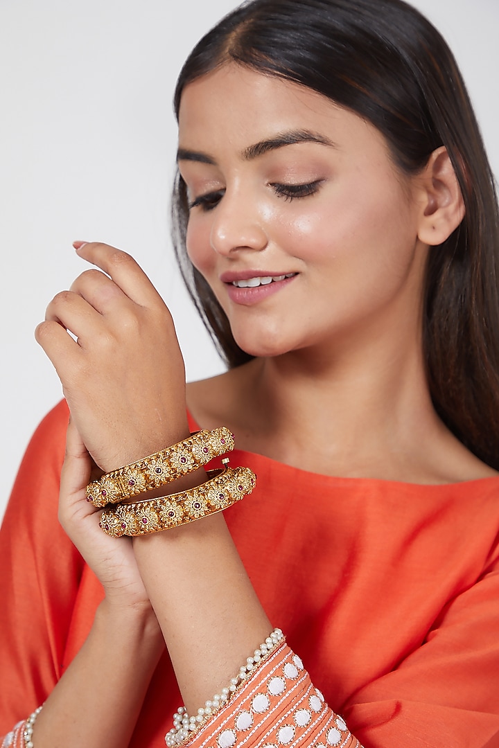 Gold Plated Bangles With Stones by Anjali Jain Jewellery