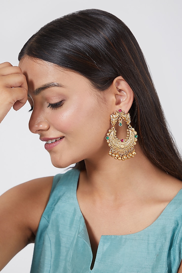 Gold Plated Peacock Chandbali Earrings by Anjali Jain Jewellery