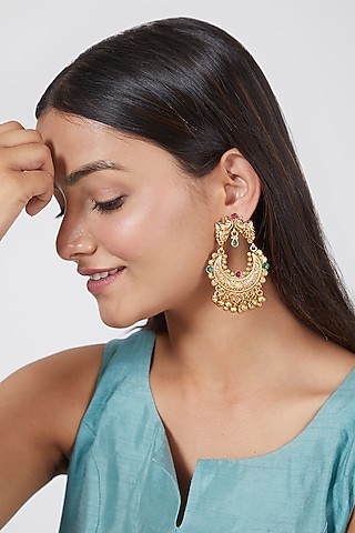Gold Plated Peacock Chandbali Earrings by Anjali Jain Jewellery