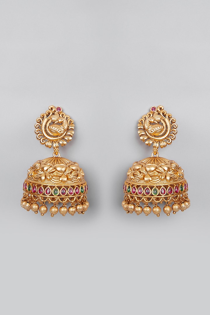 Gold Plated Peacock Jhumka Earrings by Anjali Jain Jewellery at Pernia's Pop Up Shop