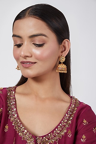 Gold Plated Peacock Jhumka Earrings by Anjali Jain Jewellery