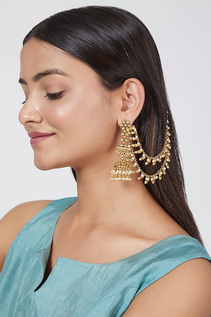 Gold Plated Dangler Earrings With Side Chains by Anjali Jain Jewellery