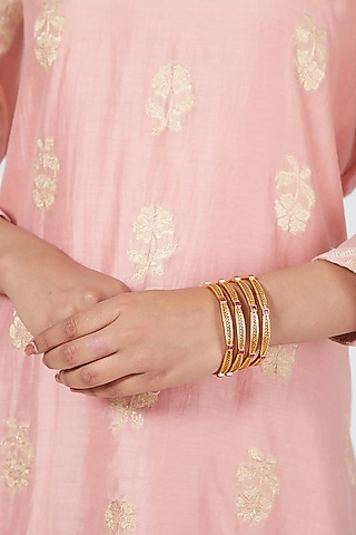 Gold Plated Red Stone Bangles (Set of 4) by Anjali Jain Jewellery
