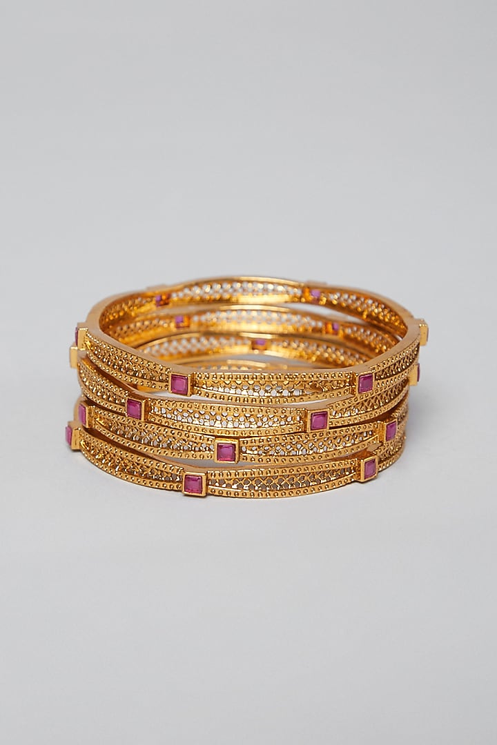 Gold Plated Red Stone Bangles (Set of 4) by Anjali Jain Jewellery at Pernia's Pop Up Shop