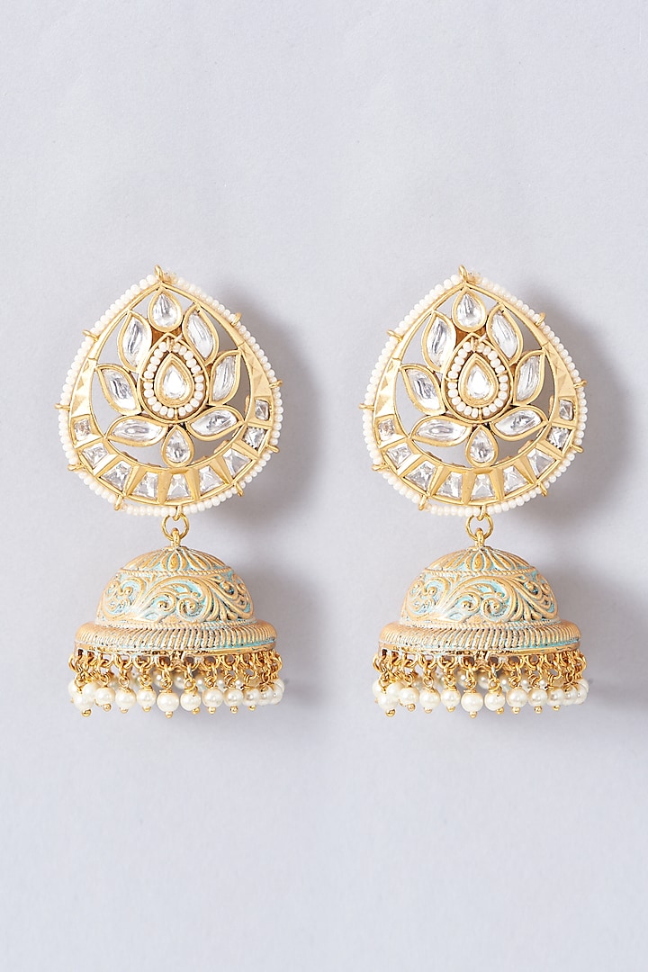 Gold Finish Kundan Polki Jhumka Earrings by Anjali Jain