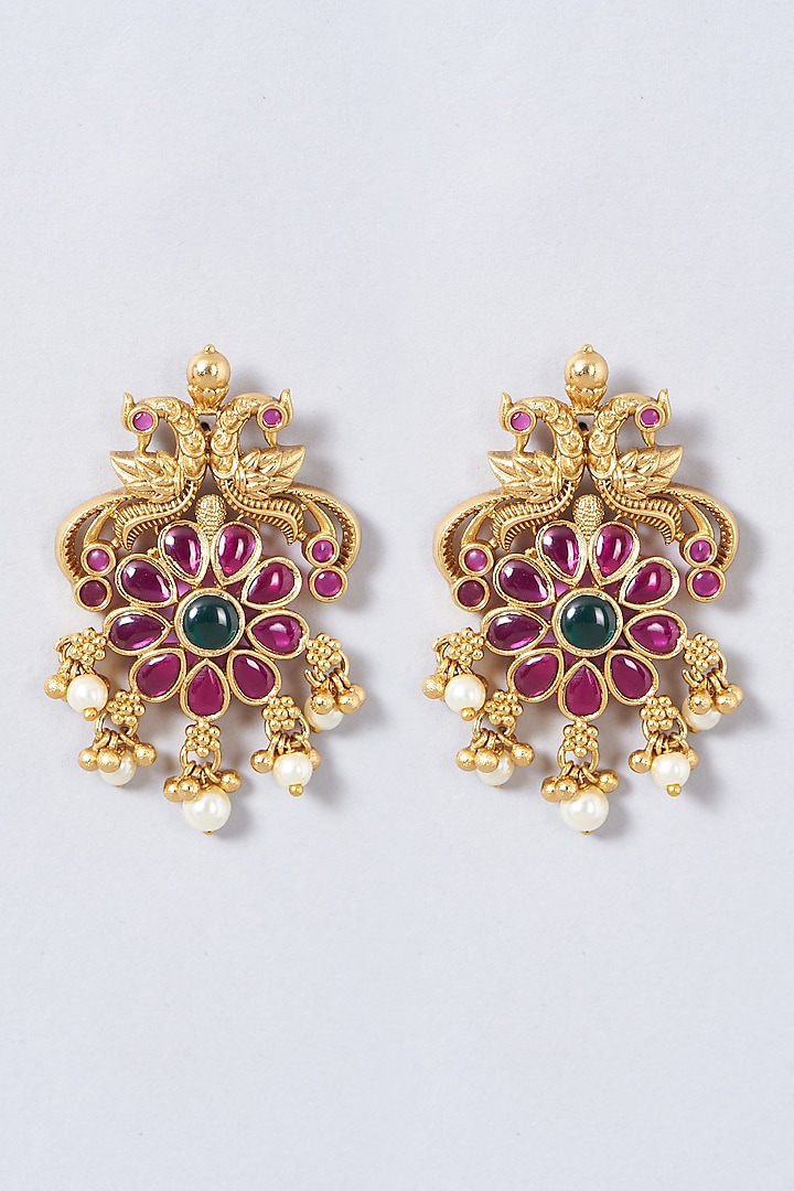 Gold Finish Ruby Stone Dangler Earrings by Anjali Jain