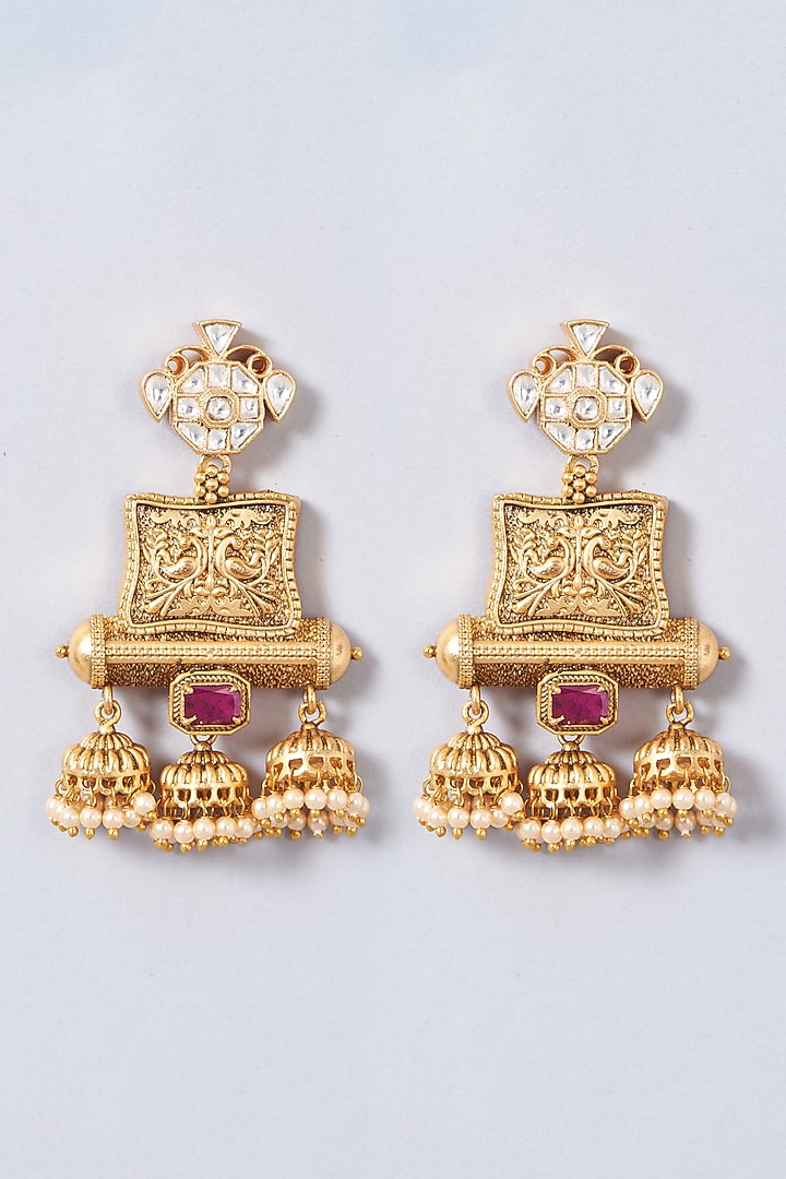 Gold Finish Pearl Dangler Earrings by Anjali Jain Jewellery at Pernia's Pop Up Shop
