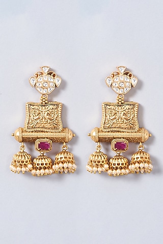 Gold Finish Pearl Dangler Earrings by Anjali Jain Jewellery