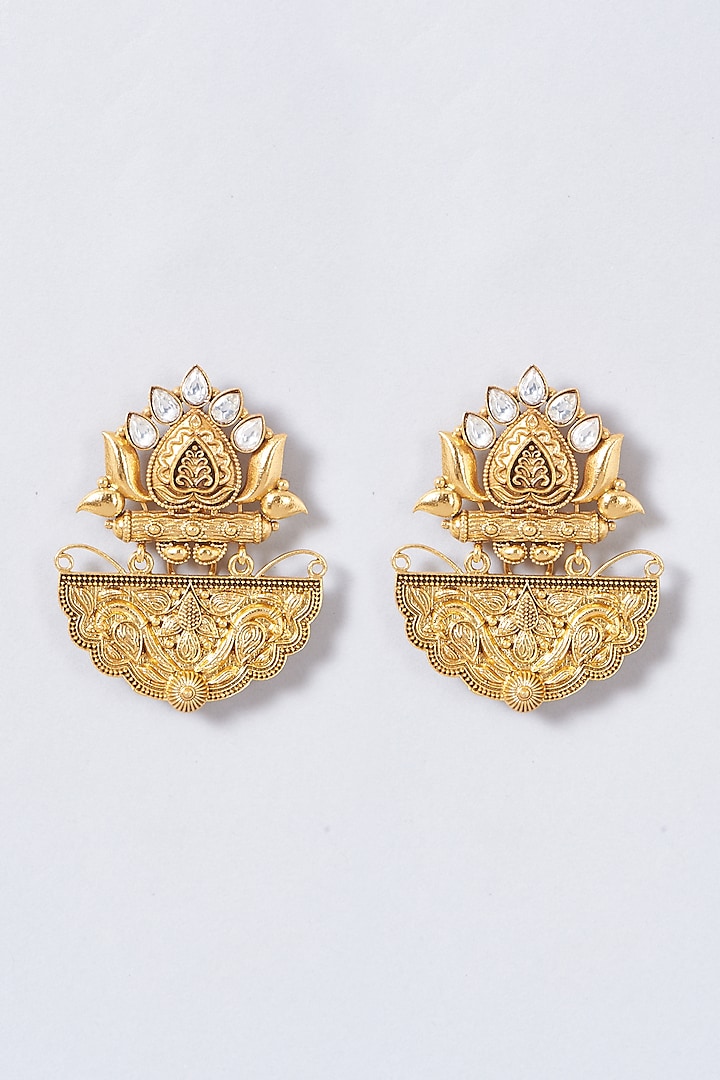 Gold Finish Carved Earrings by Anjali Jain at Pernia's Pop Up Shop