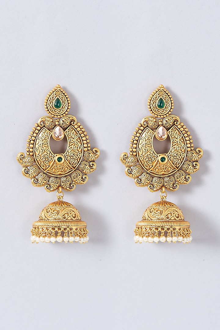 Gold Finish Temple Dangler Earrings by Anjali Jain Jewellery at Pernia's Pop Up Shop