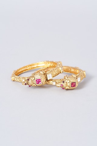 Gold Finish Kundan Bangles (Set of 2) by Anjali Jain Jewellery