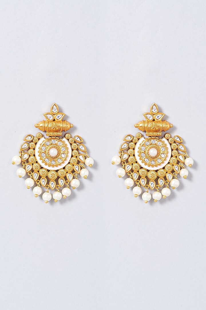 Gold Finish Pearl Chandbali Earrings by Anjali Jain Jewellery at Pernia's Pop Up Shop