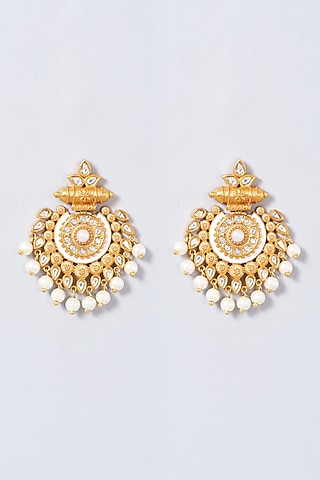 Gold Finish Pearl Chandbali Earrings by Anjali Jain Jewellery