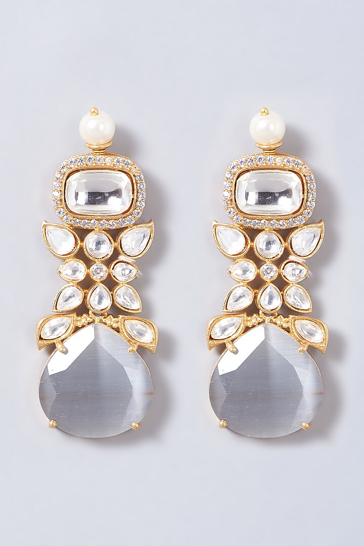 Gold Finish Grey Stone Dangler Earrings by Anjali Jain Jewellery