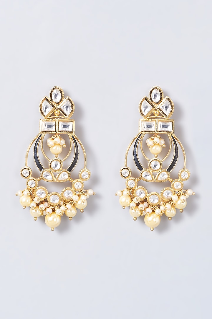 Gold Finish Kundan Polki & Pearl Chandbaali Earrings by Anjali Jain Jewellery at Pernia's Pop Up Shop