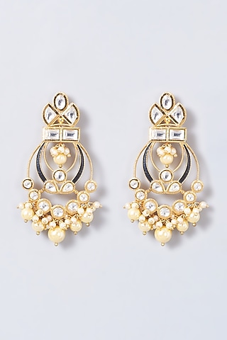 Gold Finish Kundan Polki & Pearl Chandbaali Earrings by Anjali Jain Jewellery