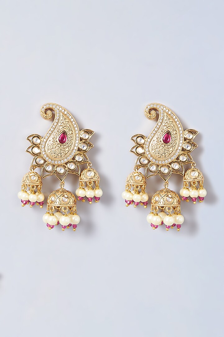 Gold Finish Pink Kundan Polki Dangler Earrings by Anjali Jain Jewellery at Pernia's Pop Up Shop