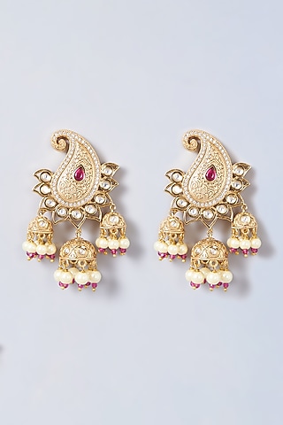 Gold Finish Pink Kundan Polki Dangler Earrings by Anjali Jain Jewellery