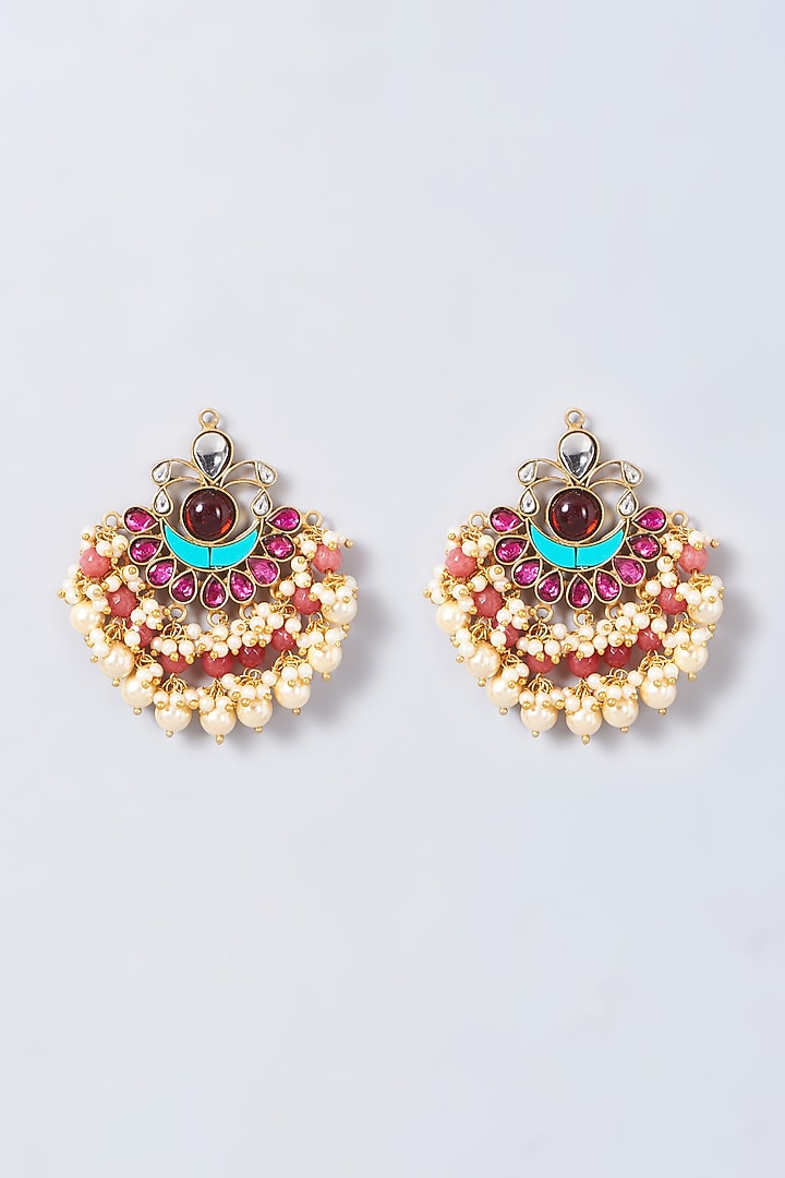 Gold Finish Ruby Stone & Pearl Chandbaali Earrings by Anjali Jain Jewellery at Pernia's Pop Up Shop