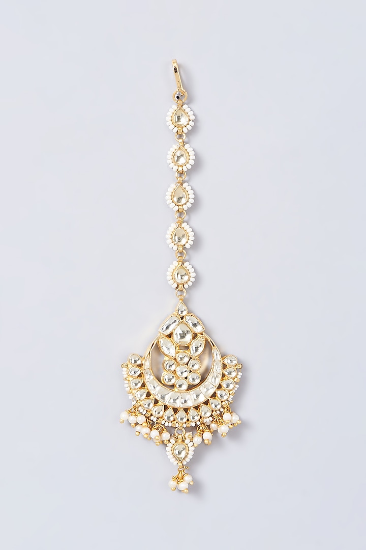 Gold Finish Kundan Polki & Pearl Maangtikka by Anjali Jain Jewellery