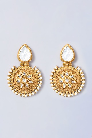 Gold Finish Kundan Polki Chandbaali Earrings by Anjali Jain Jewellery