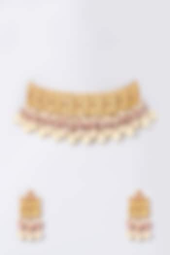 Gold Finish Ruby Stone Choker Necklace Set by Anjali Jain Jewellery