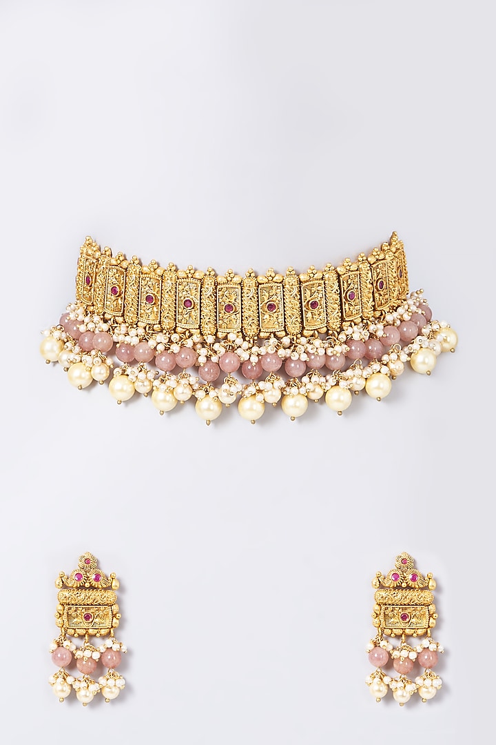 Gold Finish Ruby Stone Choker Necklace Set by Anjali Jain Jewellery