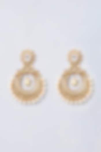 Gold Finish Pearl & Kundan Polki Chandbaali Earrings by Anjali Jain Jewellery at Pernia's Pop Up Shop